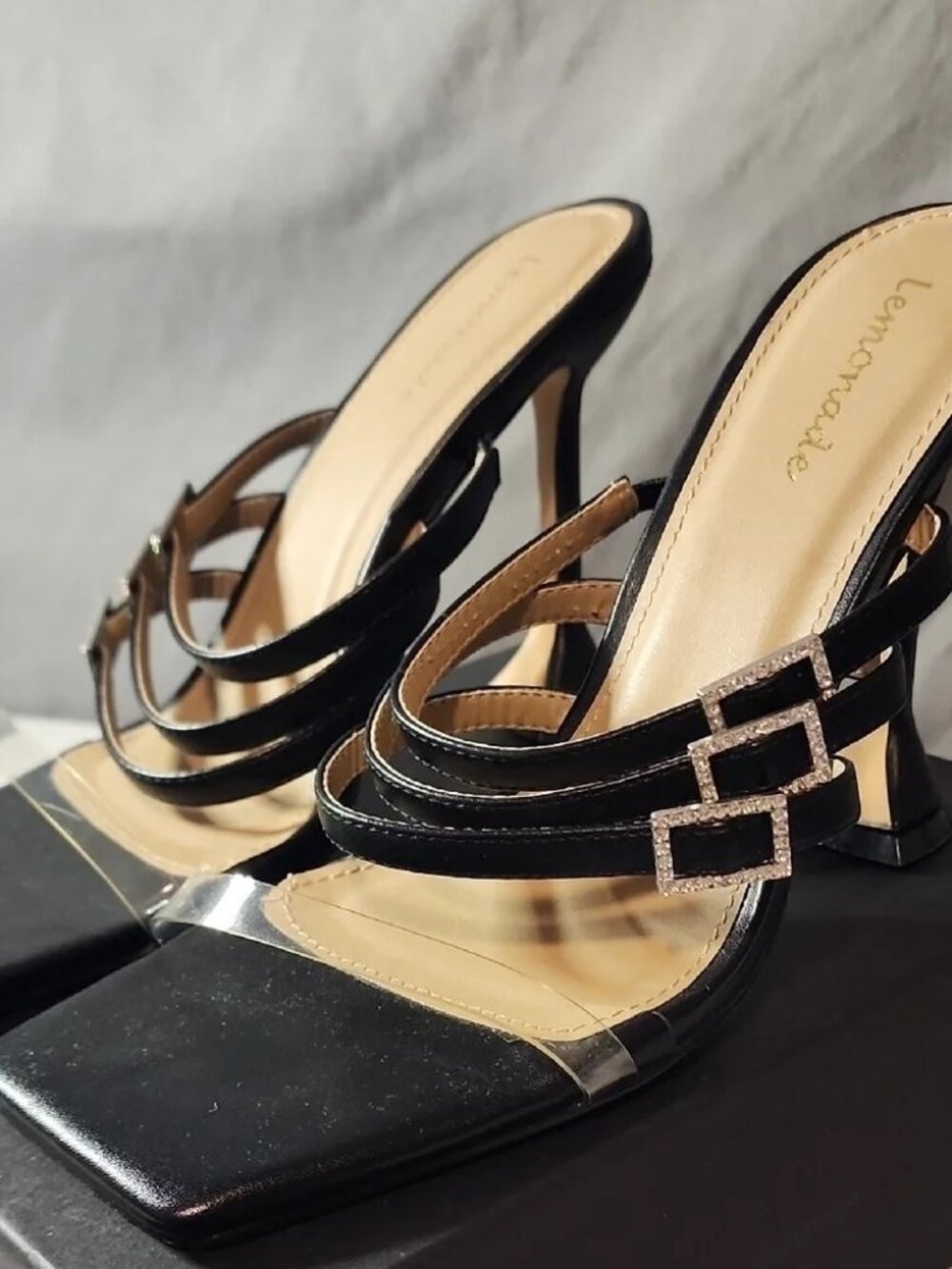 Lemonade Elegant Black Heels with Geometric Straps